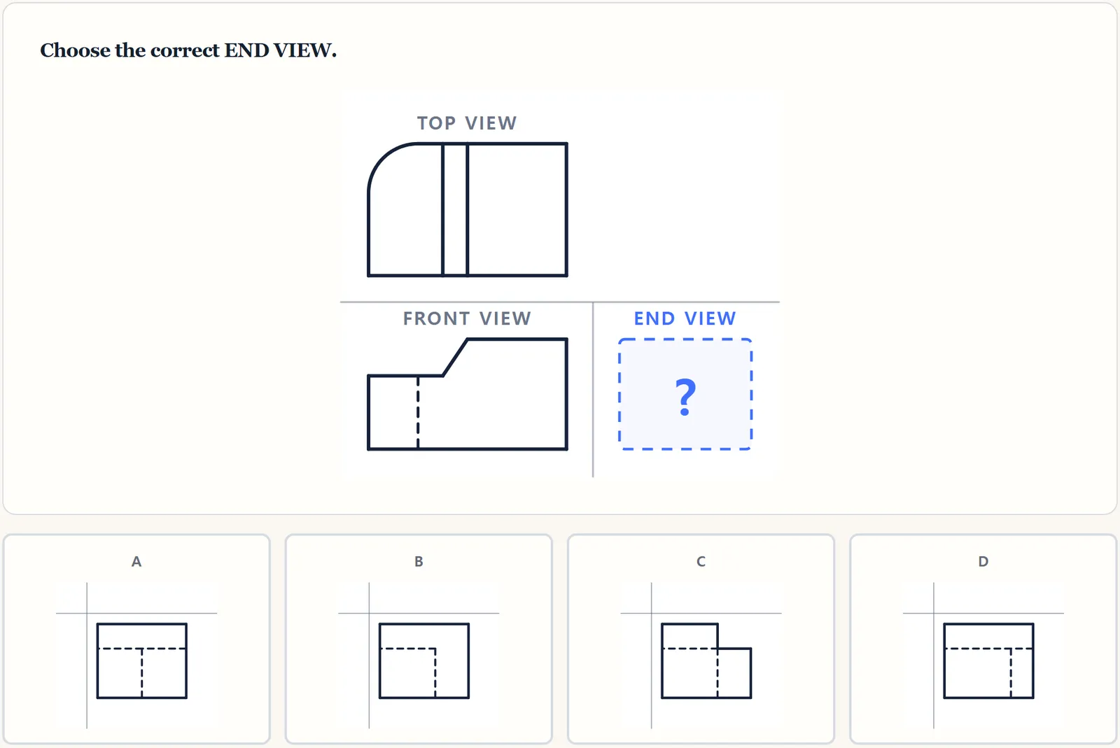 DAT600 timed PAT Top-Front-End question with CAD orthographic views and four picture answer choices